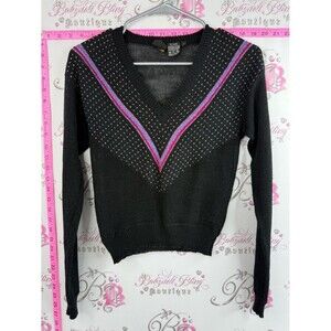 8888 vintage sweater Black V-Neck Sweater with Pink & Purple Stripe Detail